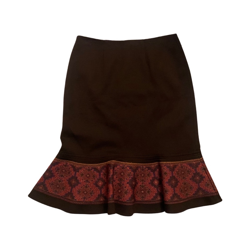 Kay Unger Chocolate Brown Red Floral Stitch Wool Midi Skirt 2 High Waist Retro